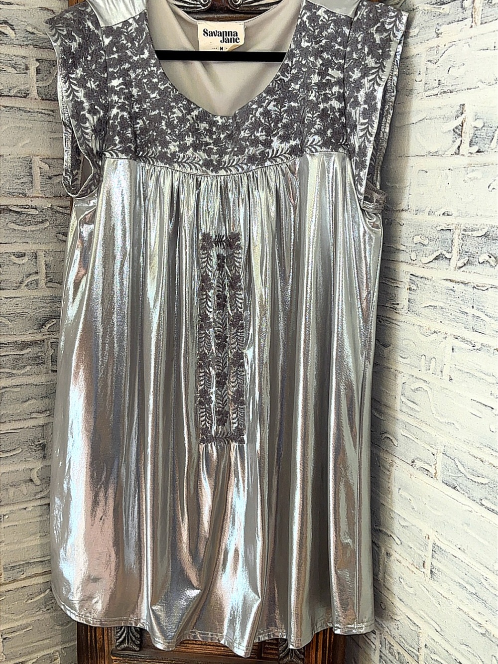 Savanna Jane Silver Metallic Sleeveless Tank with Embroidered Yoke